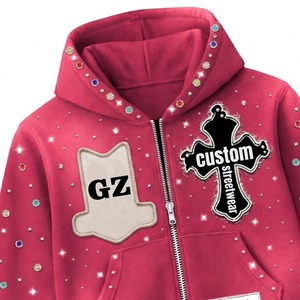 Custom Rhinestone <b>Zip</b> Up Hoodie Distressed Streetwear Heavyweight Fleece <b>Hooded</b> Sweatshirt Casual Fashion Unisex Wear - Product Image 3