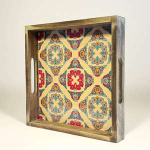 Plateau de service en bois émaillé fabriqué à la main forme ronde meilleure qualité avec motif floral produit cadeau unique par FWE - Product Image 3