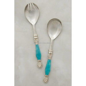Stainless Steel Salad Serving Flatware <b>Sets</b> With Blue Resin Handles Latest Style Salad Spoon & Fork - Product Image 1