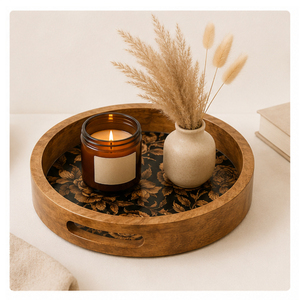 Plateau de service rond en bois de manguier artisanal de luxe avec imprimé floral vintage rose, organiseur de table pour café, thé et collations - Product Image 4