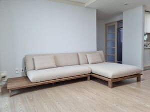 Sofá Moderno en Forma de L de Madera de Teca, Estilo Japonés Minimalista, Sofá Seccional de Tela Nórdica, Muebles de Salón de Perfil Bajo - Product Image 2