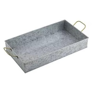 Rectangular Metal Decorative Tray With Vertical Ribbed Pattern Industrial Style Antique Weathered Finish Handle For Home Decor - Product Image 2