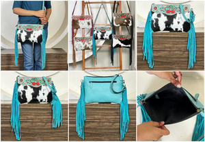 Handcrafted Tooled Cowhide Leather Cherry Motif Fringe <b>Bag</b> Western Style Large Capacity Shoulder Crossbody Travel <b>Bag</b> for Ladies - Product Image 3