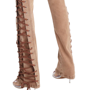Jean en denim marron taille haute pour femme, avec détails en dentelle sur les côtés, coupe droite, décontracté, respirant, séchage rapide, pantalon d'été tendance, longueur intégrale - Product Image 5