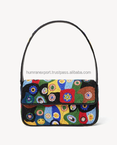 Floral thread work embroidery <b>clutch</b> Flap bag with chain strap, perfect for <b>weddings</b>, parties, and fashionable festive outfits - Product Image 1