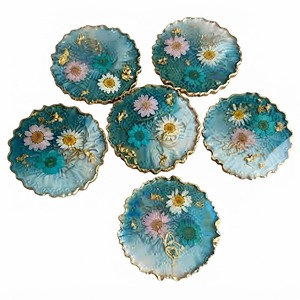 <b>Teal</b> Epoxy Resin <b>Coasters</b> Set With Real Dried Flowers And Gold Foil Edges Handmade Floral Preservation Drink <b>Coaster</b> Cup Mats - Product Image 1
