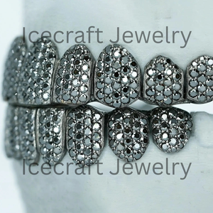 Grillz de luxe faits à la main style diamant noir, bijoux dentaires complets de qualité supérieure en argent sterling 925, directement de l'usine - Product Image 2