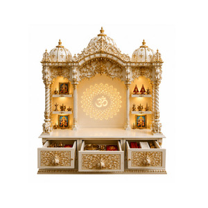 Traditional White and Gold Wood <b>Mandir</b> with Om Back Design Peacock Design Wooden <b>Mandir</b> for Living Room Decor Pooja Temple Unit - Product Image 1