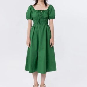 Square Neck A-Line Midi <b>Dress</b> Cap Sleeve <b>Elastic</b> Waist Loose Fit Solid Color Breathable Woven Cotton Casual Summer <b>Dress</b> - Product Image 3