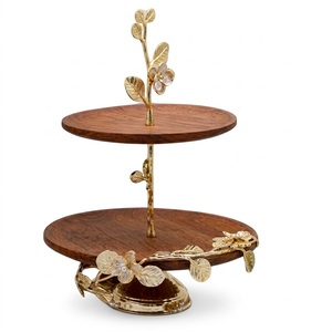 Luxury 2-Tier Wooden Cake Stand With Gold Brass Floral Branch Frame Elegant Rustic Mango Wood Cupcake Display & Serving <b>Tray</b> - Product Image 1