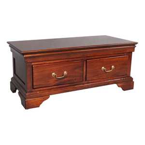 Antique style solid mahogany wood coffee table features two <b>drawers</b> with brass pull handles and distinctive <b>bracket</b> feet - Product Image 6