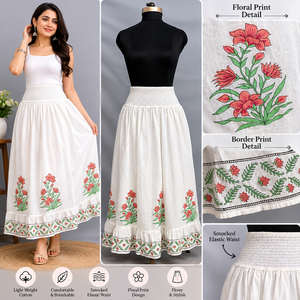 Falda Larga de Algodón al por Mayor con Cintura Elástica Fruncida y Volantes, Estampado Floral Bohemio, Estilo Jaipur, para Verano - Product Image 5