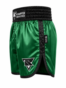 Shorts de boxe de haute qualité pour hommes, en satin vert, séchage rapide, vêtements d'arts martiaux, logo sur le devant, coupe classique, shorts de boxe avec service OEM - Product Image 3