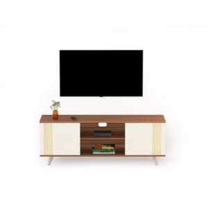 Meuble TV Harmond Walnut & Frosty pour salon avec étagères de rangement ouvertes et fermées - Product Image 4