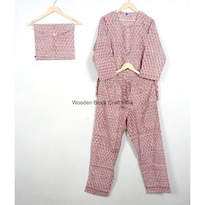 Conjunto de Pijama para Mujer, 100% Algodón, Estampado Floral a Mano, Manga Larga, Corte Holgado, Cuello Redondo, Cintura Elástica, Ropa de Dormir Informal - Product Image 2