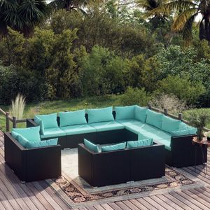 Set salotto da 11 pezzi in Poly Rattan nero con cuscini per il tempo libero in giardino - Product Image 1