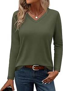 T-shirt femme écologique été-printemps, col en V, manches longues, coton bio, uni, couleur unie - Product Image 5