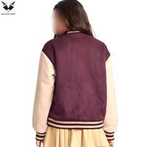 Purple Beige Full Sleeve Turn Down Collar Button Closure Autumn Regular Length Contrast Color Design Women Varsity Jackets - Product Image 4