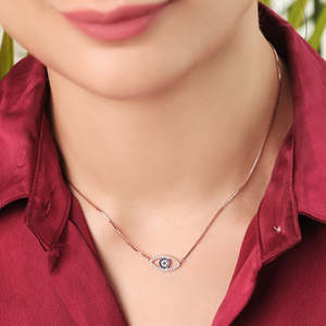 Collar de Plata de Ley S925 al por mayor con Ojo Turco y Circonita para Mujer, Cadena de Eslabones con Colgante de Circonita Cúbica, Engaste de Garra, 2.75g, Moderno para Fiesta de Compromiso - Product Image 3