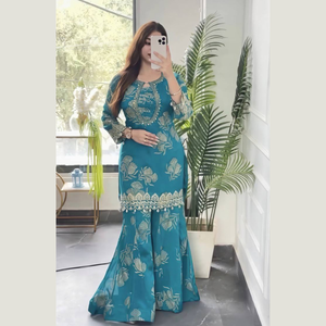 Blue Floral <b>Indian</b> Pakistani Set Embroidered Long <b>Top</b> Lace Hem Palazzo Pants Festive Salwar Kameez Outfit - Product Image 1