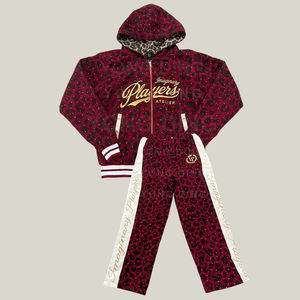 Men's Autumn Solid Red Leopard Print Heavyweight Cotton Tracksuit Zip-Up Hoodie <b>Jogger</b> Set <b>Sequin</b> Embroidery Streetwear 2-in-1 - Product Image 3