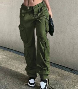 Pantalon cargo ample pour femme, taille haute, 100% coton toile, broderie unie, 6 poches, style utilitaire, collection automne - Product Image 2