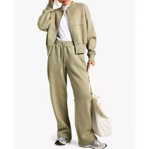 2026 Custom Women's <b>Oversized</b> Zip Up Fleece Tracksuit 100% Cotton Jacket Wide Leg <b>Sweatpants</b> OEM Wholesale - Product Image 1