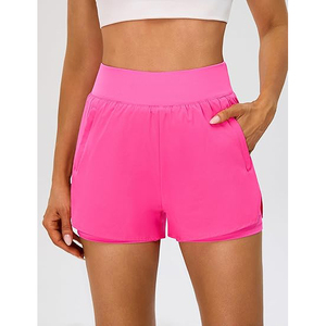 Shorts de sport rose fluo 2 en 1 pour femmes avec poche pour téléphone, polyester, taille haute, double couche, pour la course à pied et l'entraînement - Product Image 2