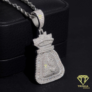 Pendentif Sac d'argent de luxe serti de diamants en argent sterling 925 avec accents baguette en moissanite et design de collier hip-hop - Product Image 6