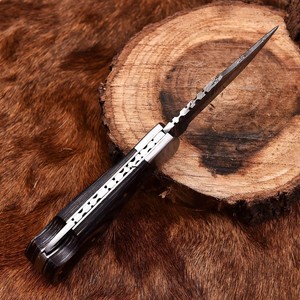 Cuchillo Plegable de Acero de Damasco con Patrón Trenzado, Bloqueo Trasero, Mango de Madera Pakka, Funda, Cuchillo EDC de Bolsillo para Camping, OEM, Venta Caliente - Product Image 2