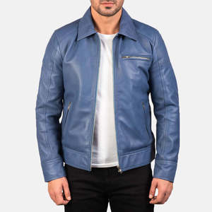 Veste moto en cuir véritable bleu pour homme, col rabattu, fermeture éclair, coupe ajustée, longueur normale, vêtement d'automne - Product Image 4