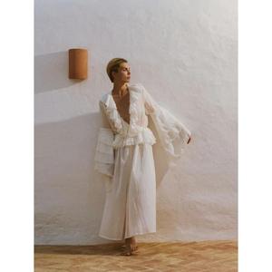 Vestido Maxi Bohemio con Volantes para Mujer, Cuello en V Profundo, Manga Larga, Estilo Fluido, para Vacaciones o Resort - Product Image 1