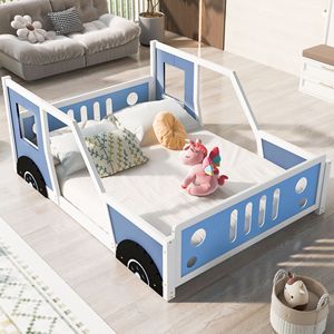 Letto a piattaforma a forma di auto d'epoca blu, full size, con ruote, per camerette dei bambini - Product Image 1