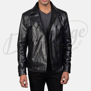 Veste en cuir noire pour homme, double boutonnage, coupe classique slim, style Pea Coat, en cuir véritable, manteau court décontracté - Product Image 3
