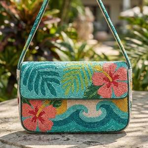 Sac à main rectangulaire brodé à la main en polyester avec perles, motif floral tropical, artisanat textile, objet de collection - Product Image 1