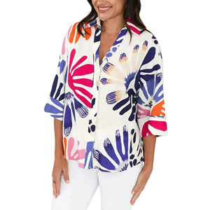 Camisa Holgada para Mujer y Blusa de Lino Teñido Liso - Camisa Hawaiana con Estampado Digital, Top Informal para Primavera, Otoño y Verano - Product Image 5