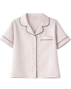 Conjunto de Pijama Personalizado para Mujer en Rayas Beige y Marrón, Manga Corta, Botones, Satén, Dos Piezas, Ropa de Dormir, Pantalones Cortos - Product Image 2