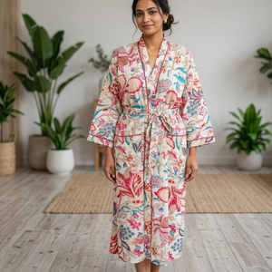 Bata Kimono Floral de Algodón Larga con Cuello en V y Estampado de Bloques, Bata de Baño con Cintura Ajustable, Ropa de Descanso Suave de Algodón para Spa - Product Image 2