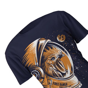 T-shirt à manches courtes bleu marine pour homme avec imprimé poulet astronaute, design décontracté à col rond, coupe régulière, jersey 100% coton - Product Image 6