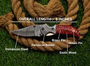 Cuchillo Plegable de Damasco Forjado a Mano Personalizado con Empuñadura de Madera Exótica con Mosaico - Bolster de Damasco, Arte Exquisito - Product Image 3