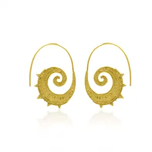 Unique design hoop with stud earring gold plated handmade brass jewelry craved textured spiral hook earring geometric jewelry