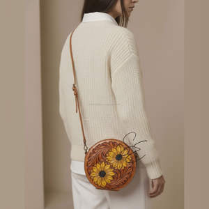 Handmade Genuine Leather Sunflower Crossbody Bag Western Floral Tooled Canteen <b>Purse</b> Women Custom Logo OEM - Product Image 4