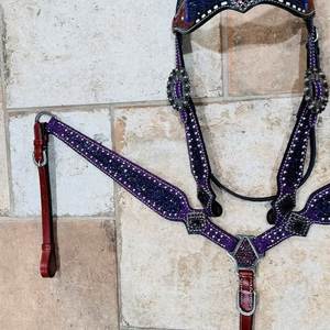 Purple <b>Glitter</b> Leather Horse Halter With Rhinestone Conchos And <b>Red</b> Leather Accents - Product Image 4