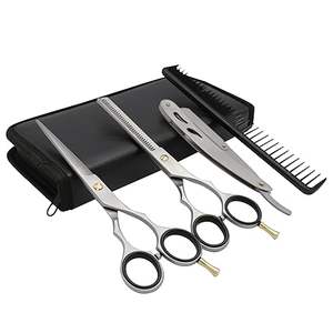 Kit de ciseaux à effiler de qualité supérieure couleur argent 6 pièces, magnifiques kits de barbier avec étui en cuir à fermeture éclair - Product Image 1