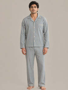 Pijama clásico de manga larga para hombre, transpirable, de poliéster/algodón, con rayas celestes - Product Image 1