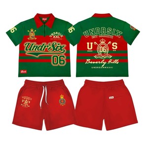 2026 High Quality 220 GSM Cotton Blend <b>T</b> Shirt Shorts Set Red Green Color Block Panels Printed And Embroidery Logo 2 Pieces Sets - Product Image 1