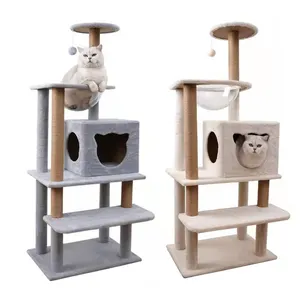 Grijze Beige Kleur Groot Hout Multi-Level Cat Meubelen Krassen Sisal Post Cat Tree Toren