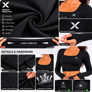 Haut court à col carré pour femme X Sports City, manches longues, en spandex, logo, couleur unie, tricoté, décontracté, respirant, léger - Product Image 4