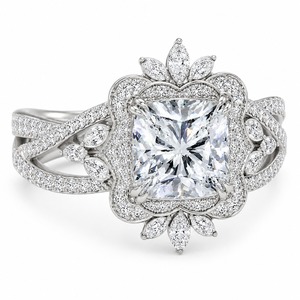 Anillo de compromiso y boda moderno de lujo con doble halo, diamante de laboratorio con corte princesa, oro blanco de 18K, diseño floral real marquesa - Product Image 5