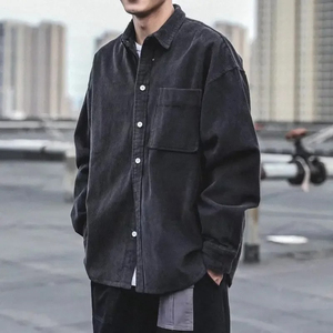 Men's Oversized Corduroy Casual Shirt Solid Color Long Sleeve Turn-<b>down</b> Collar 100% Cotton Washed Anti-Wrinkle Autumn Style - Product Image 4